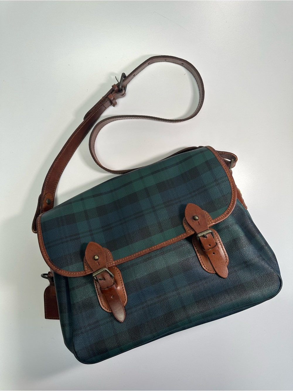 Polo Ralph Lauren Classic Plaid Leather-Trim Messenger Bag - Green/Tan